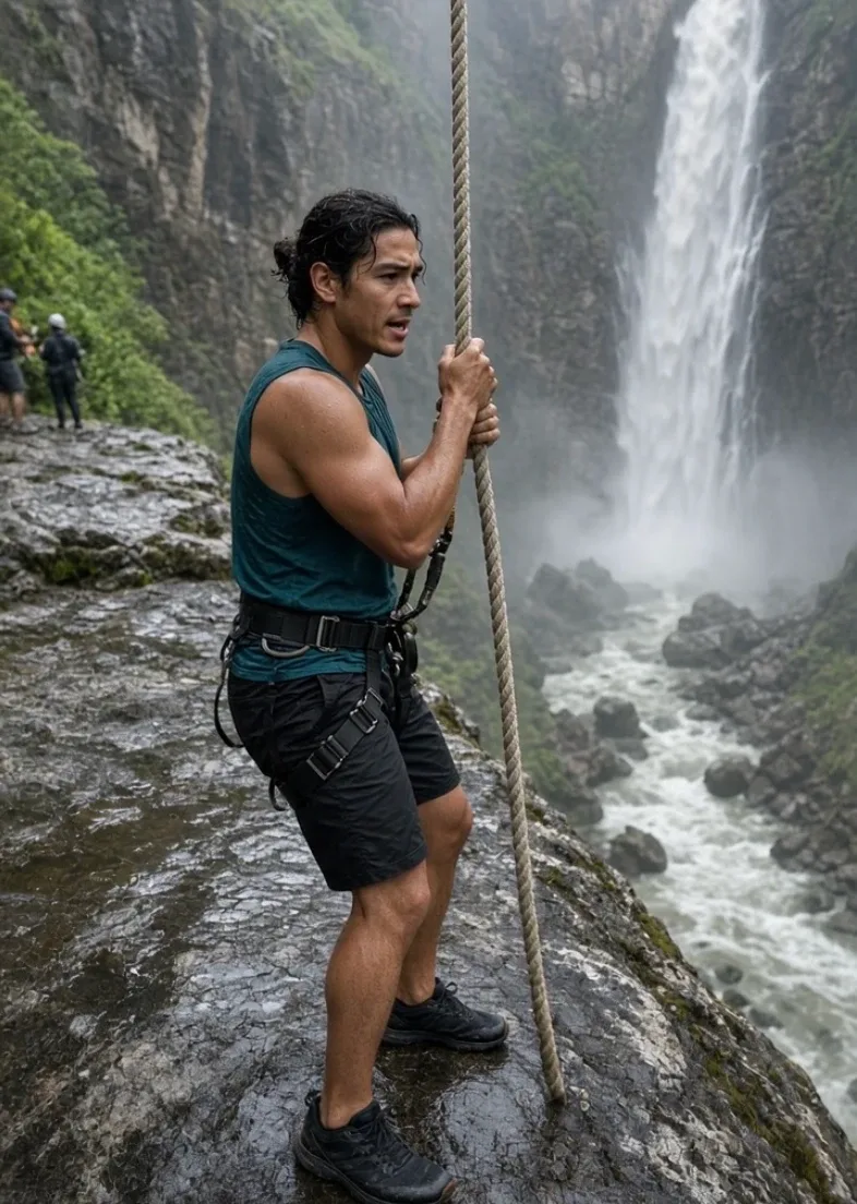 Adult stunt performer making an extreme jump from a dramatic high-altitude location