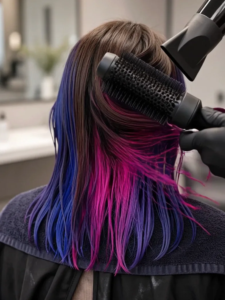 Salon client receiving a dramatic step-by-step hair color and styling transformation