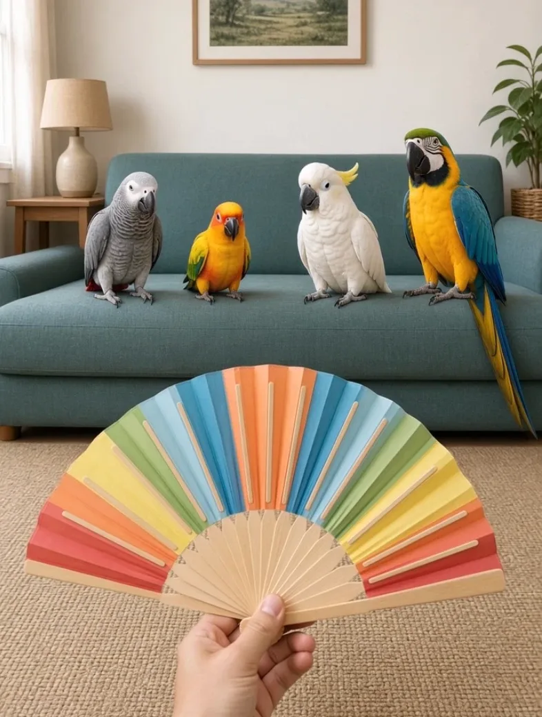 Four different parrots sitting on a sofa reacting to a harmless prop