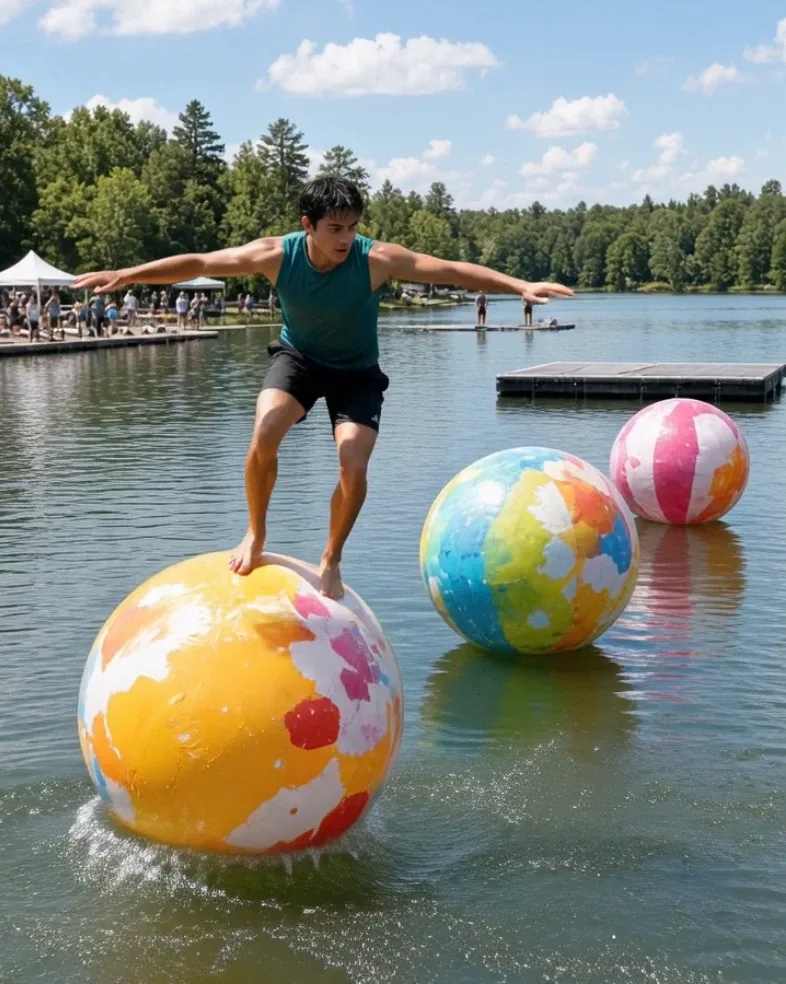 Adult participant balancing across floating water obstacles during an outdoor challenge course