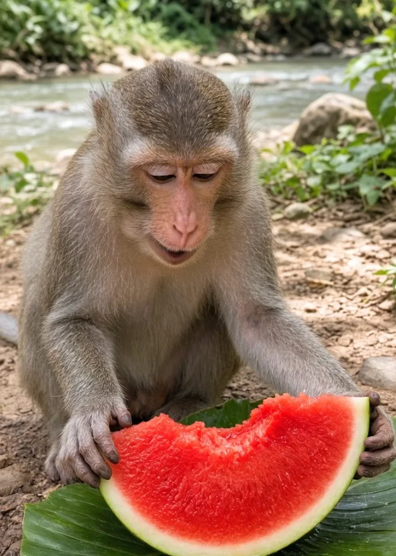Realistic macaque tasting fruit and reacting outdoors in a tropical setting