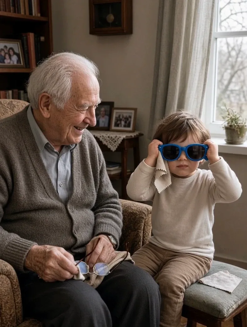 Toddler copying an older man's everyday action in a warm family setting