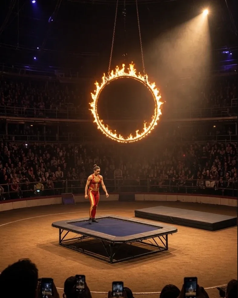 Professional circus acrobat performing a dramatic arena stunt while spectators record from the audience