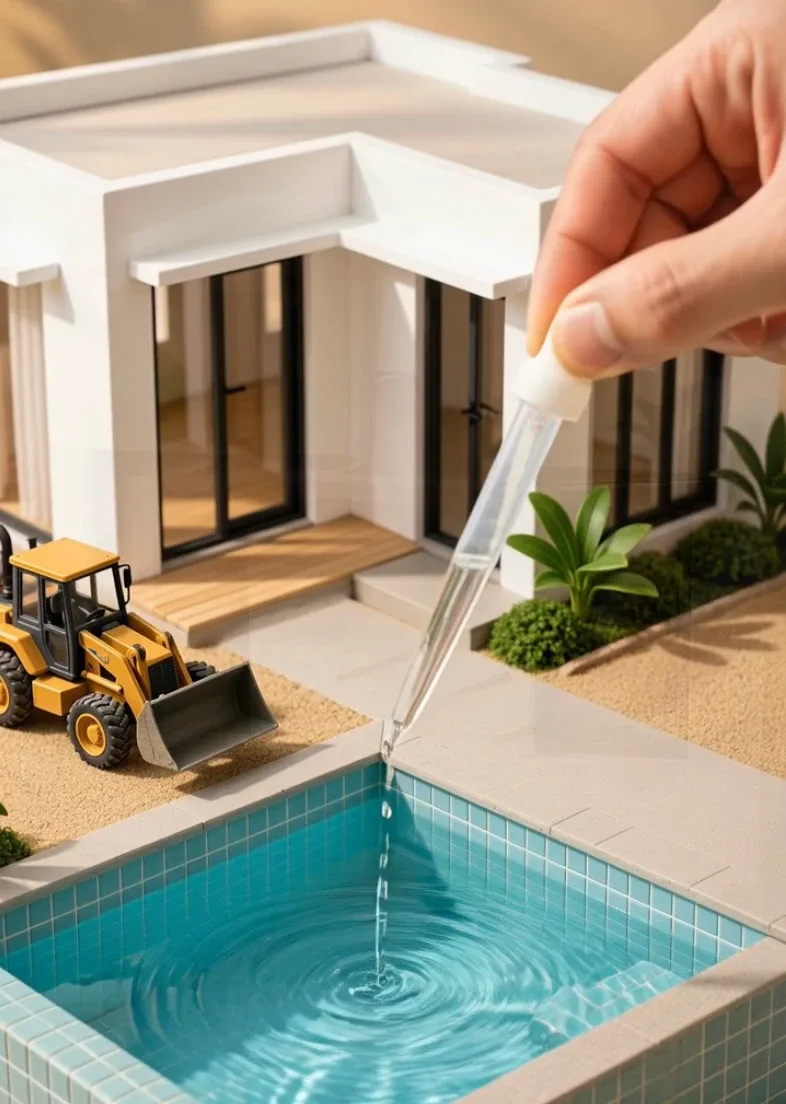 Miniature construction site with tiny bricks, concrete work, and real human hands building a small structure