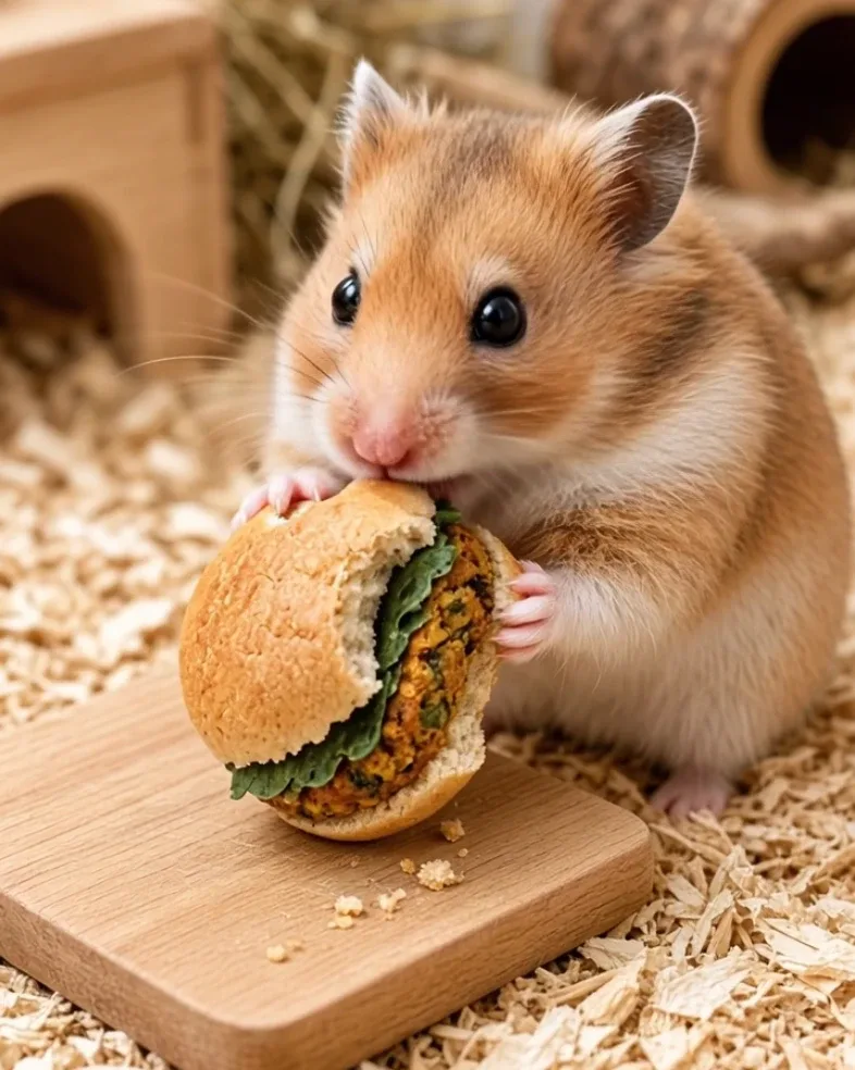 Realistic hamster holding and eating a tiny miniature meal with its front paws