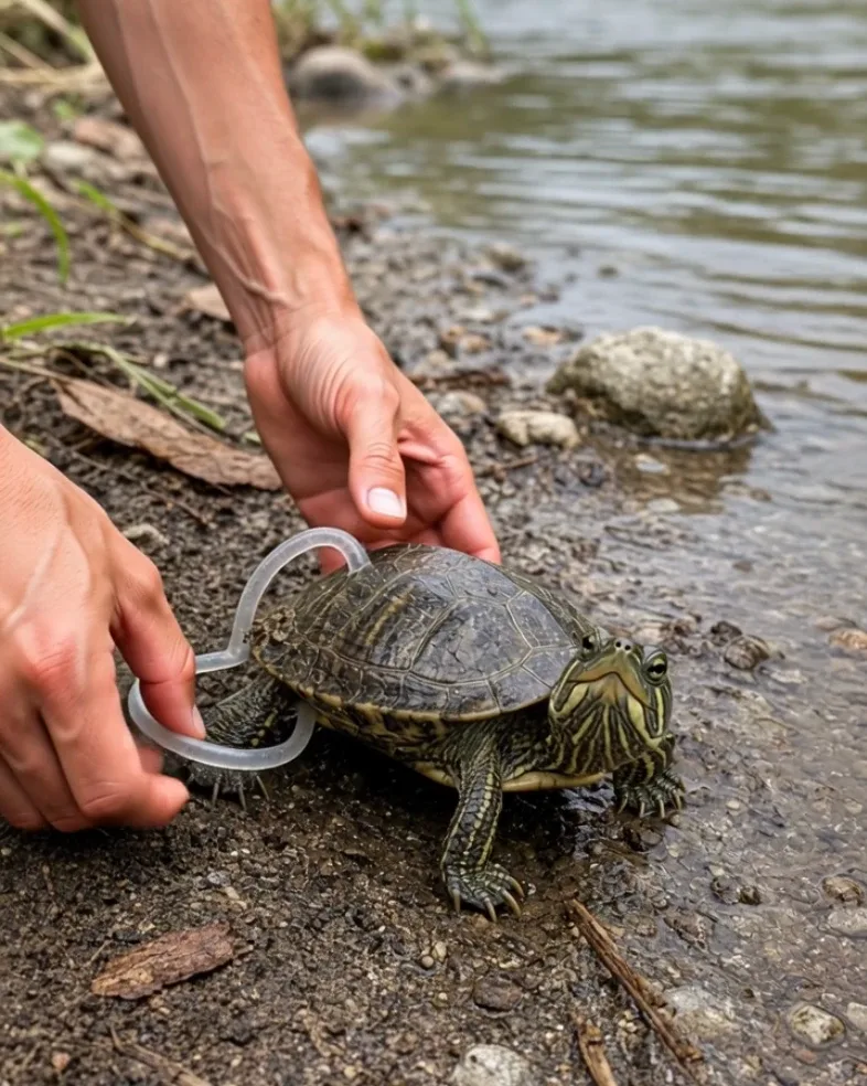 Human gently helping an animal caught in loose debris before safely releasing it