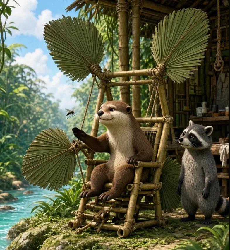 Animated otter demonstrating a complicated bamboo invention beside a calm raccoon