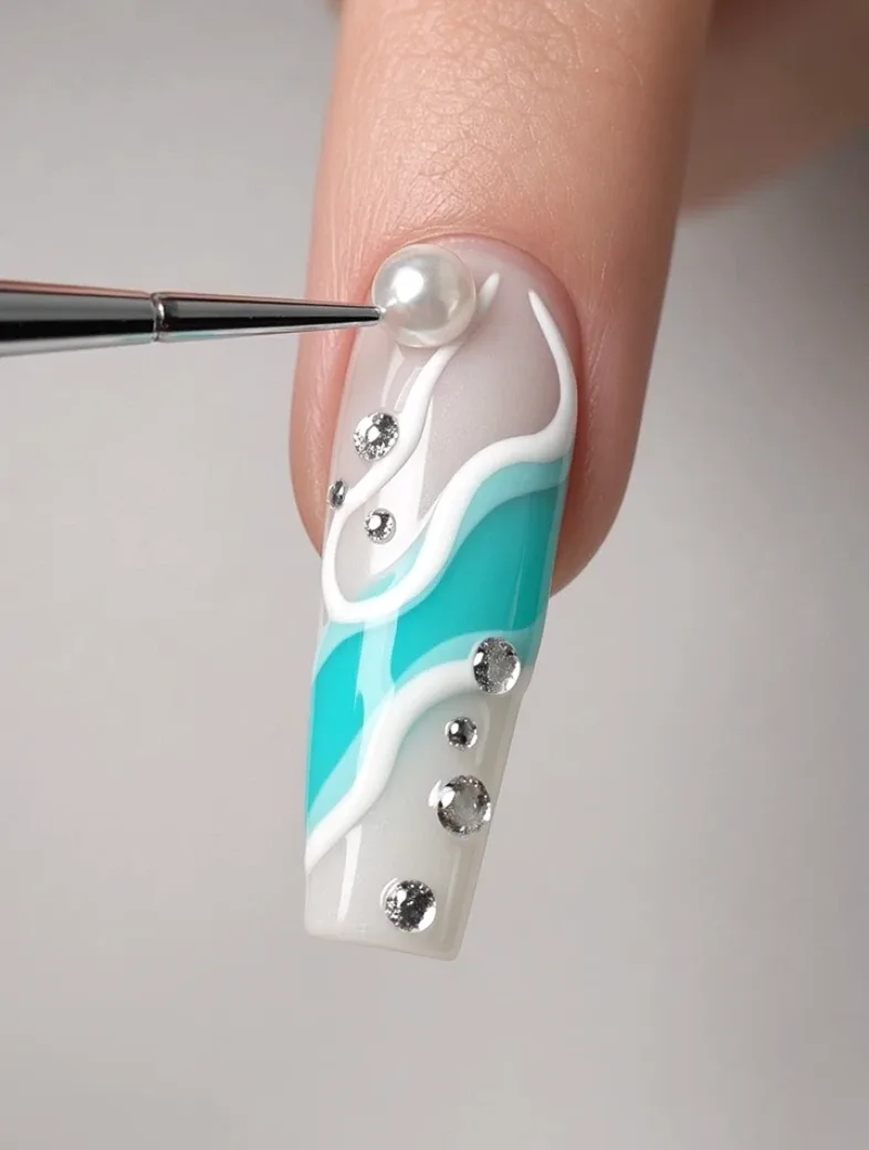 Coffin-shaped nail transforming step by step into detailed nail art