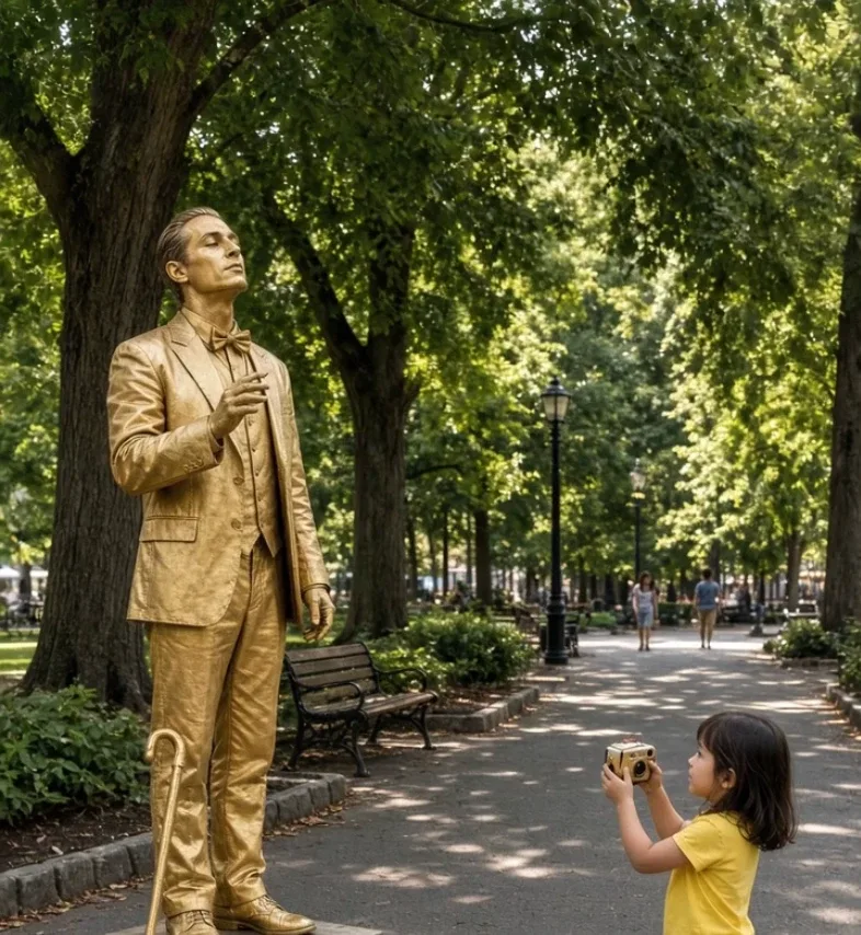 Young child reacting to a living-statue street performer in a public square