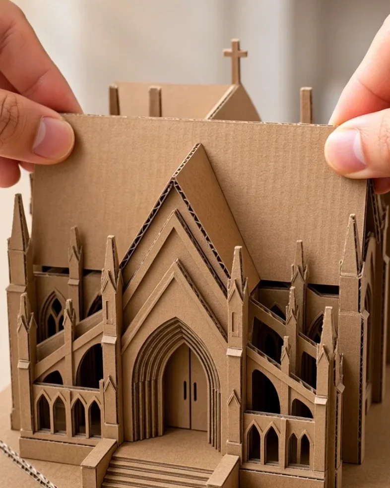 Human hands assembling a detailed miniature cardboard architectural model.