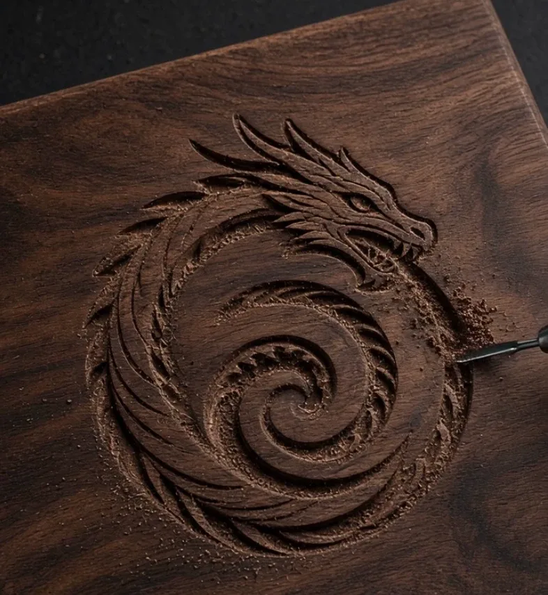 Craftsman creating a polished decorative inlay design in a wooden board