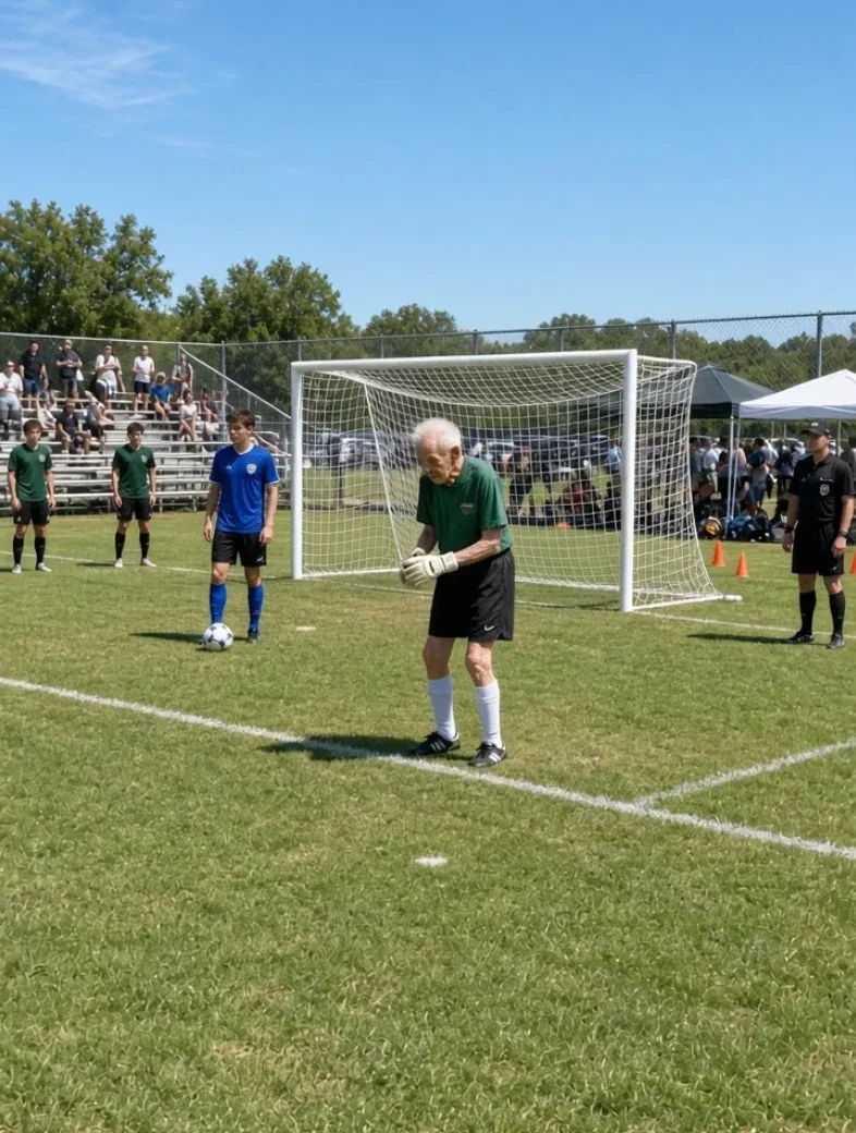 Extremely elderly athlete competing at a local sporting event while younger athletes watch