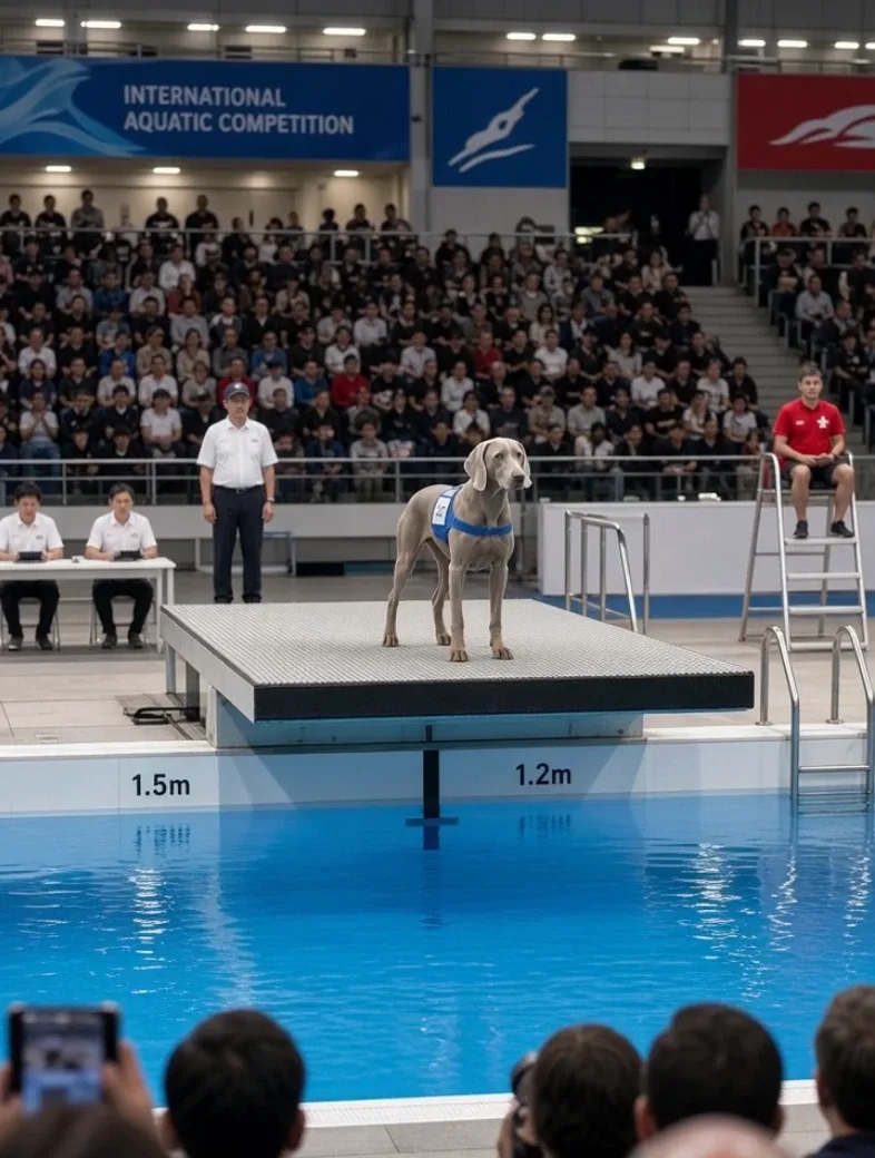 Dog competing in an Olympic-style sporting event filmed from the spectator crowd